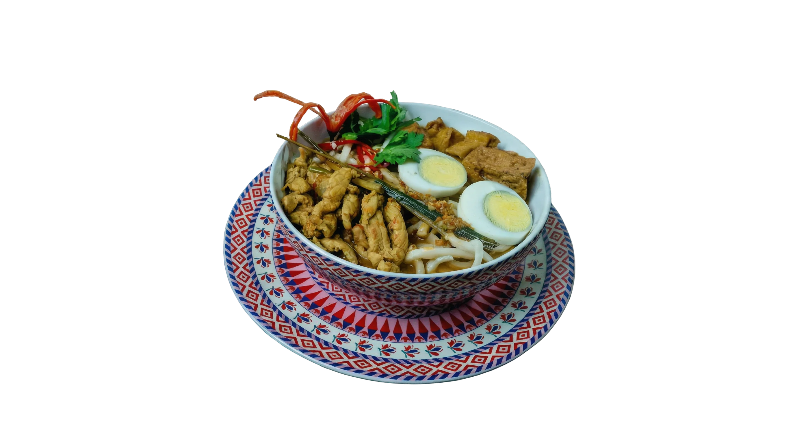 Signature Malaysian noodle dish in a hand-painted ceramic bowl